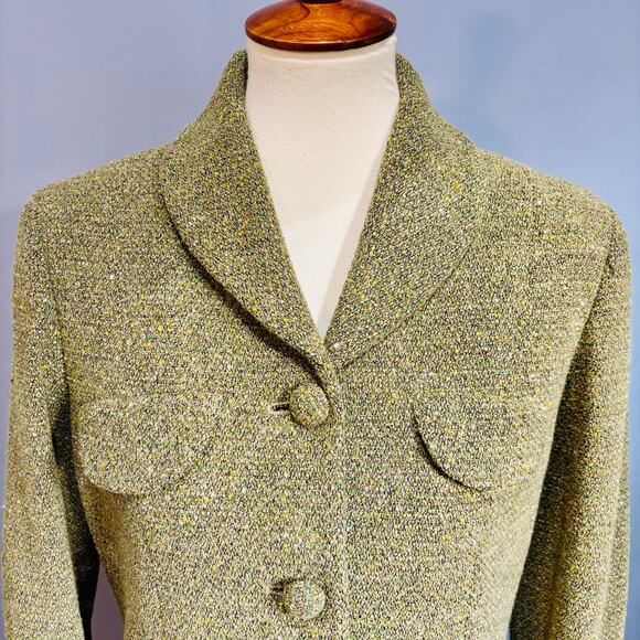 Vintage Fall Green Tweed Blazer w/Funky Floral Print Liner, Size 8P - Picture 3 of 6
